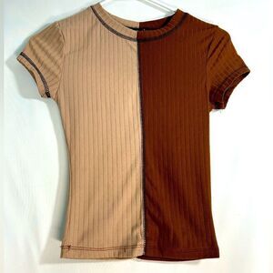 Rue 21 Two tone stitched baby doll T-shirt brown and tan cropped top